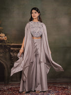 Silver Grey Satin Co-Ord Set with Intricate Embroidered Cape Sleeves & Wide-Leg Palazzo
