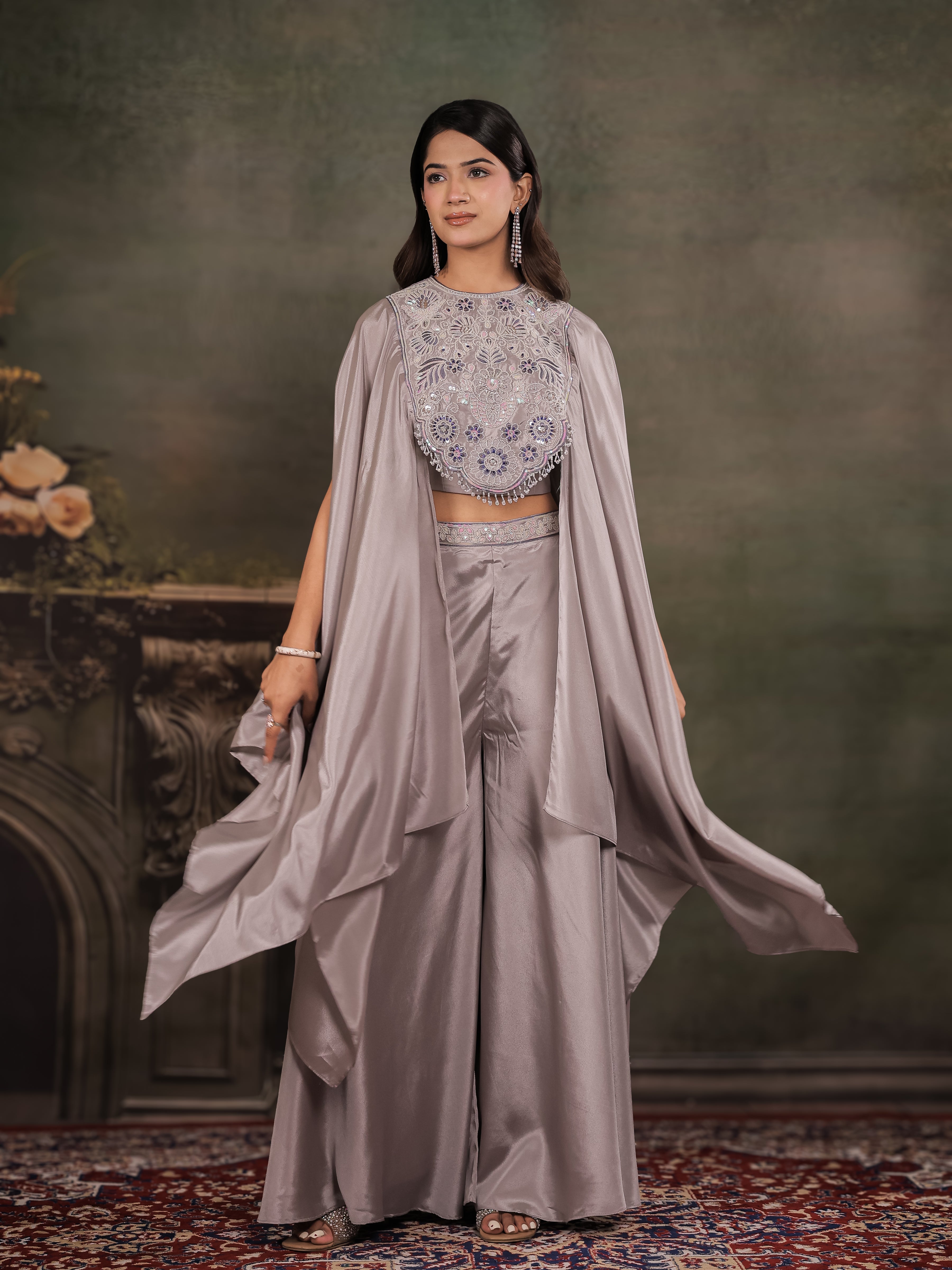 Silver Grey Satin Co-Ord Set with Intricate Embroidered Cape Sleeves & Wide-Leg Palazzo