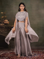 Silver Grey Satin Co-Ord Set with Intricate Embroidered Cape Sleeves & Wide-Leg Palazzo