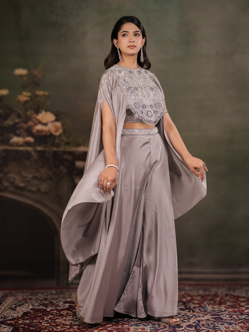 Silver Grey Satin Co-Ord Set with Intricate Embroidered Cape Sleeves & Wide-Leg Palazzo