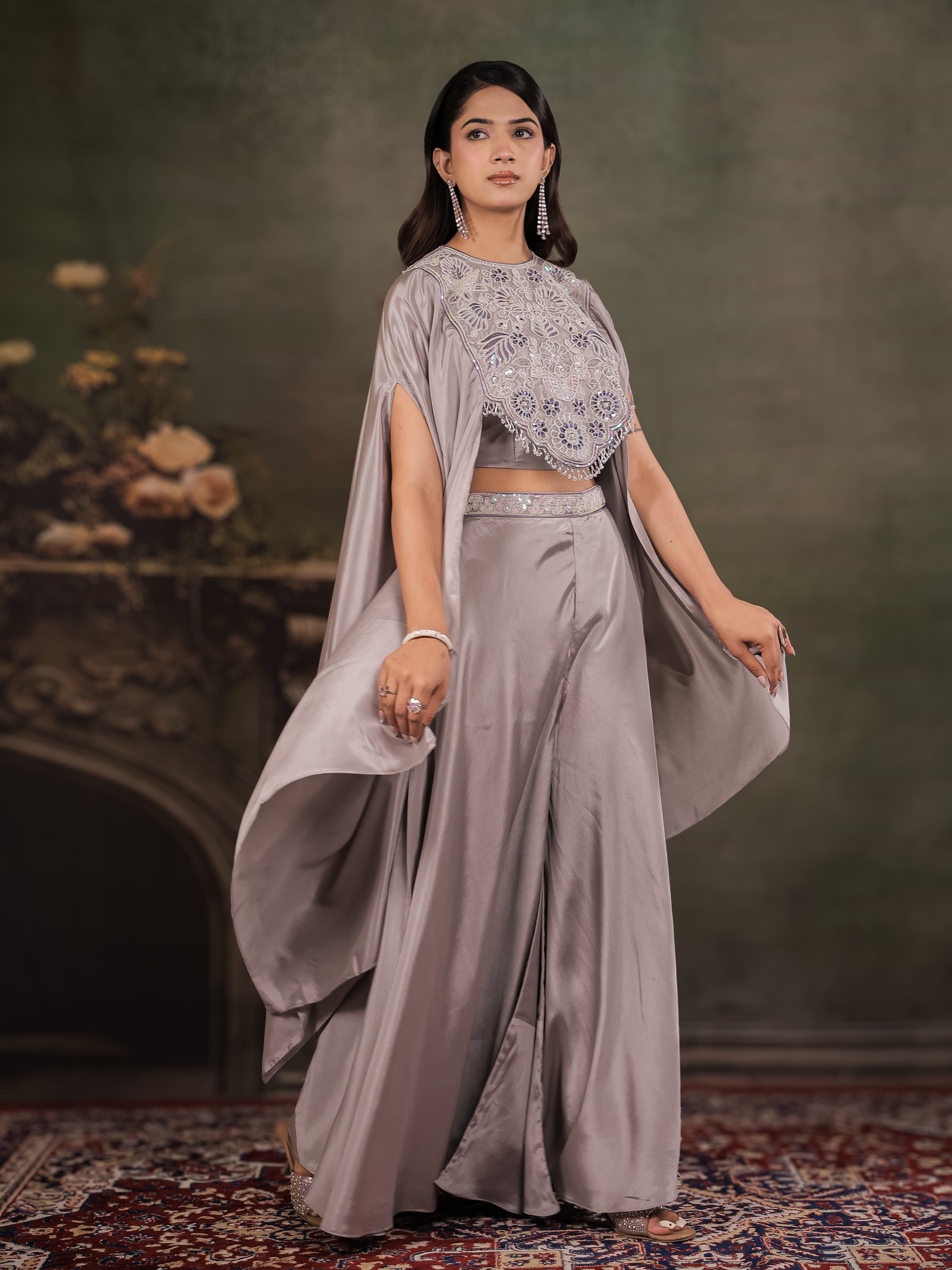 Silver Grey Satin Co-Ord Set with Intricate Embroidered Cape Sleeves & Wide-Leg Palazzo