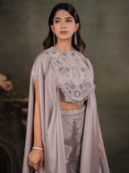 Silver Grey Satin Co-Ord Set with Intricate Embroidered Cape Sleeves & Wide-Leg Palazzo