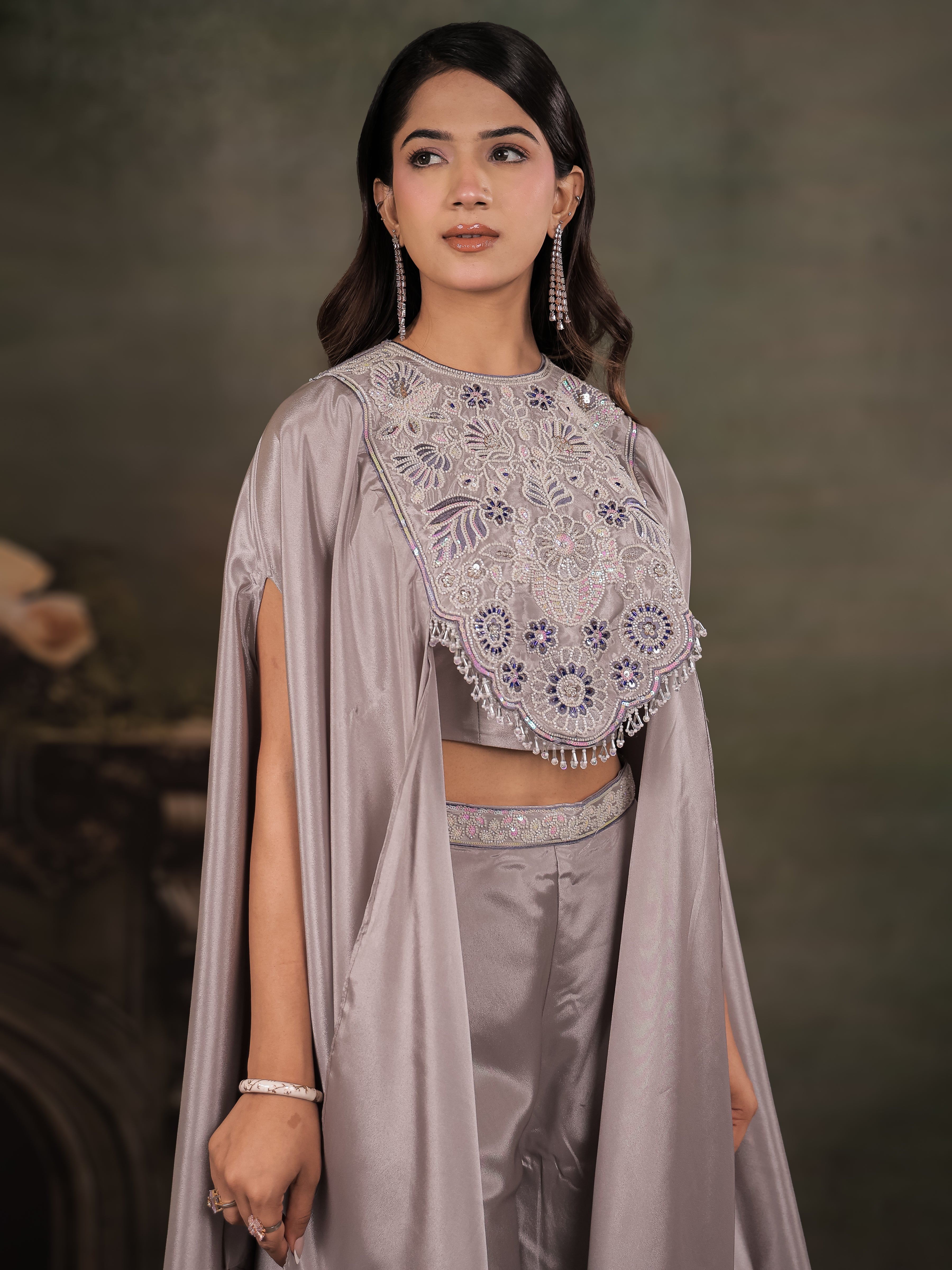 Silver Grey Satin Co-Ord Set with Intricate Embroidered Cape Sleeves & Wide-Leg Palazzo