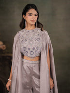 Silver Grey Satin Co-Ord Set with Intricate Embroidered Cape Sleeves & Wide-Leg Palazzo