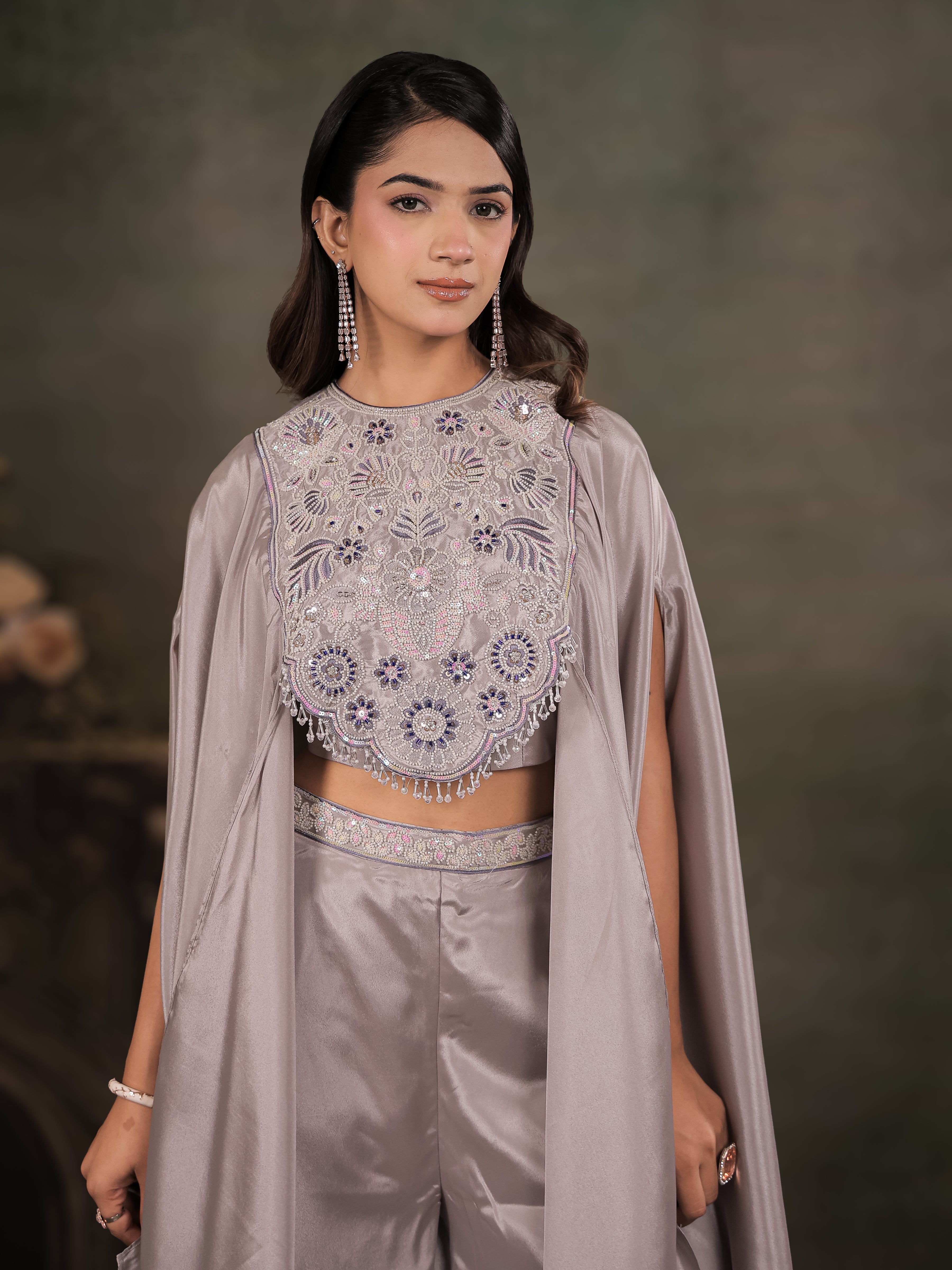 Silver Grey Satin Co-Ord Set with Intricate Embroidered Cape Sleeves & Wide-Leg Palazzo