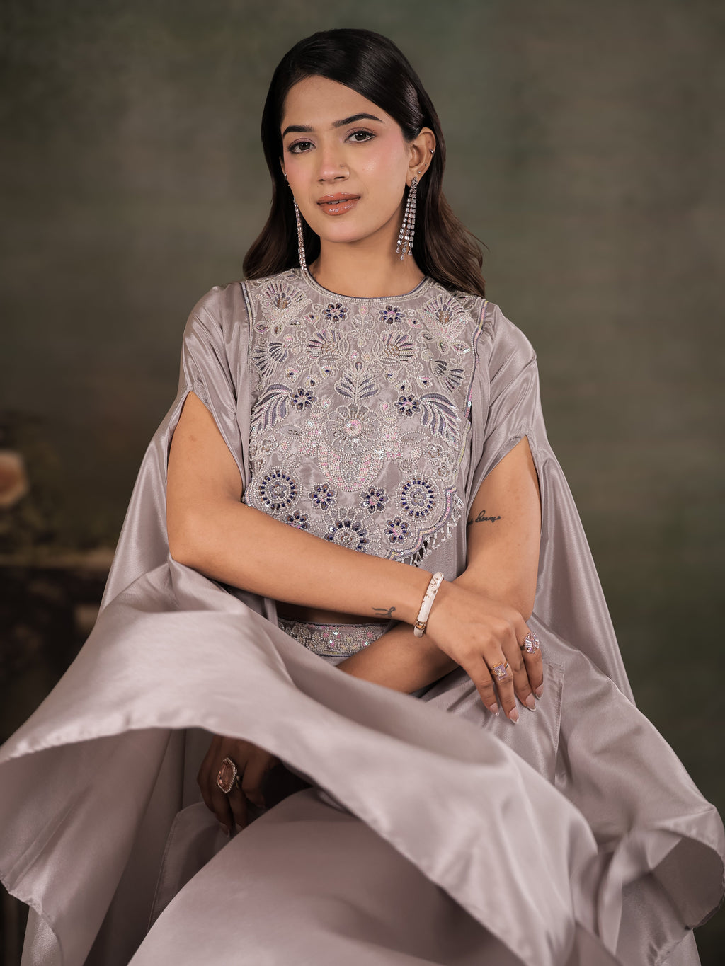 Silver Grey Satin Co-Ord Set with Intricate Embroidered Cape Sleeves & Wide-Leg Palazzo