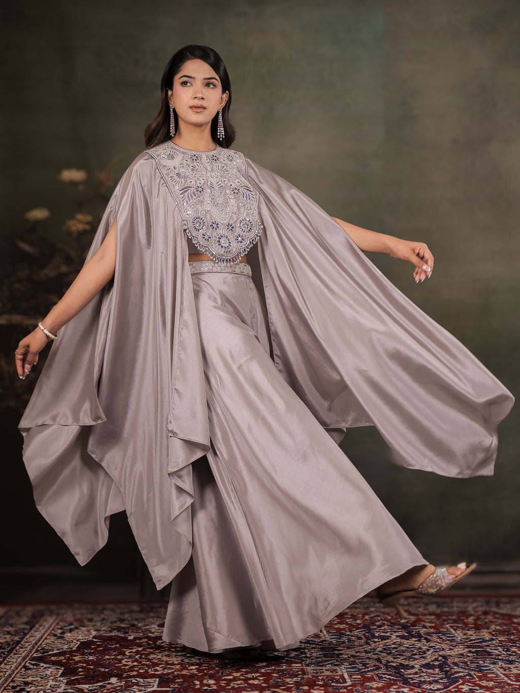 Silver Grey Satin Co-Ord Set with Intricate Embroidered Cape Sleeves & Wide-Leg Palazzo