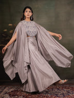 Silver Grey Satin Co-Ord Set with Intricate Embroidered Cape Sleeves & Wide-Leg Palazzo