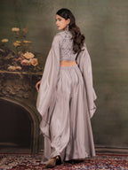 Silver Grey Satin Co-Ord Set with Intricate Embroidered Cape Sleeves & Wide-Leg Palazzo