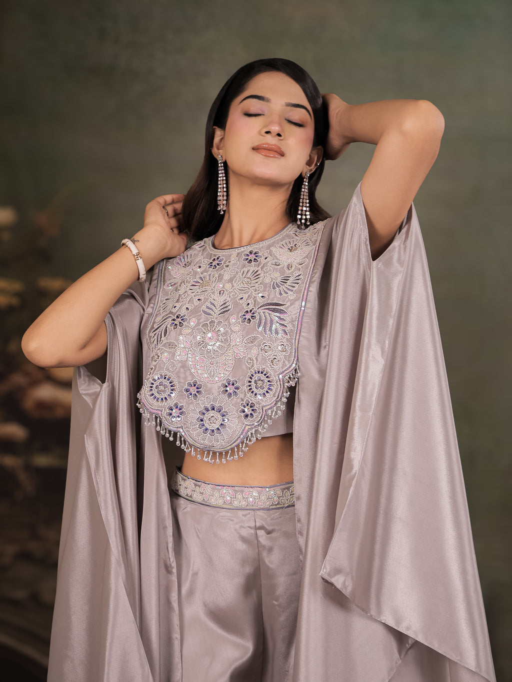Silver Grey Satin Co-Ord Set with Intricate Embroidered Cape Sleeves & Wide-Leg Palazzo