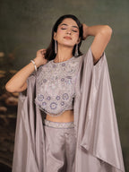 Silver Grey Satin Co-Ord Set with Intricate Embroidered Cape Sleeves & Wide-Leg Palazzo