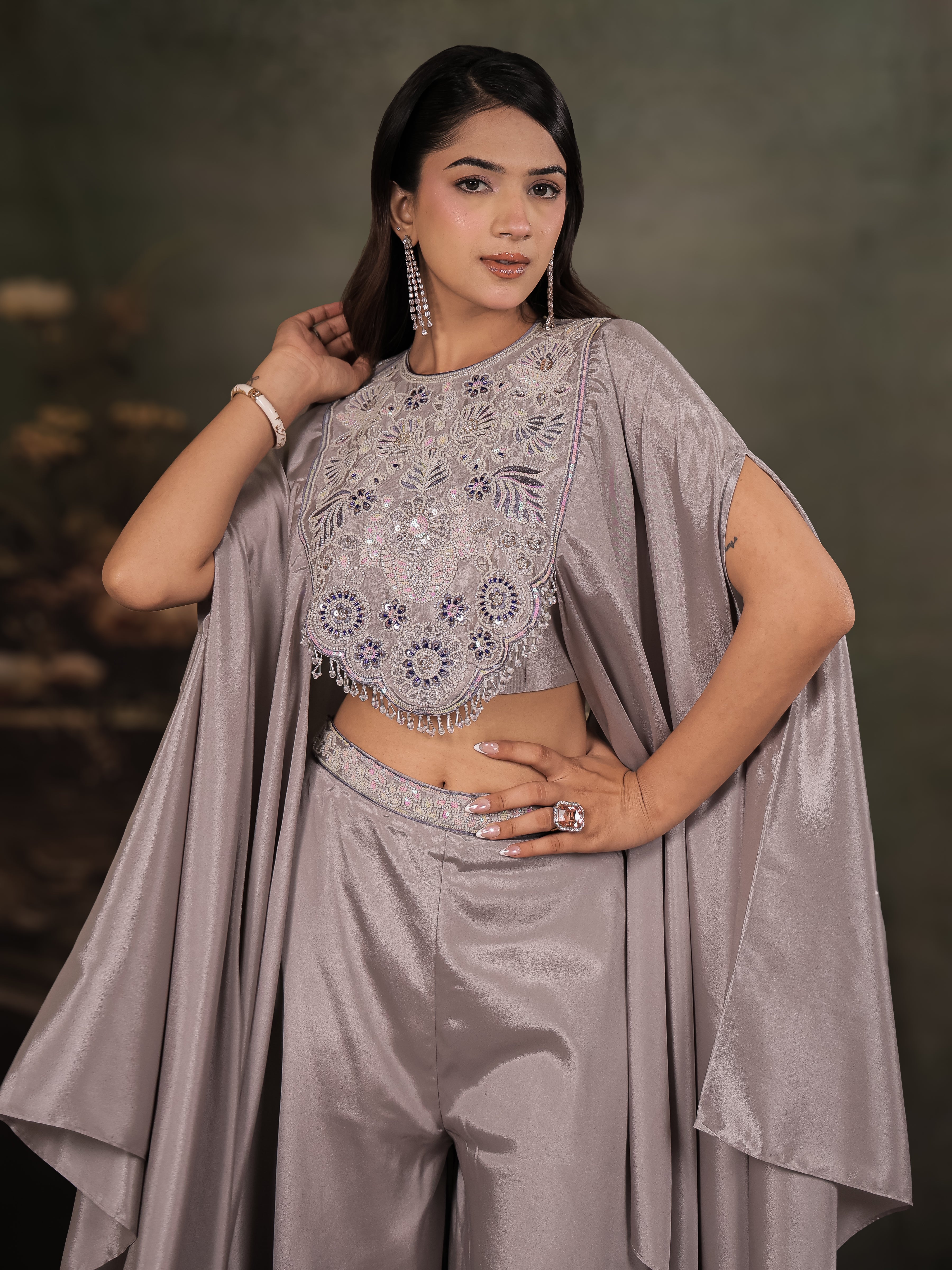 Silver Grey Satin Co-Ord Set with Intricate Embroidered Cape Sleeves & Wide-Leg Palazzo