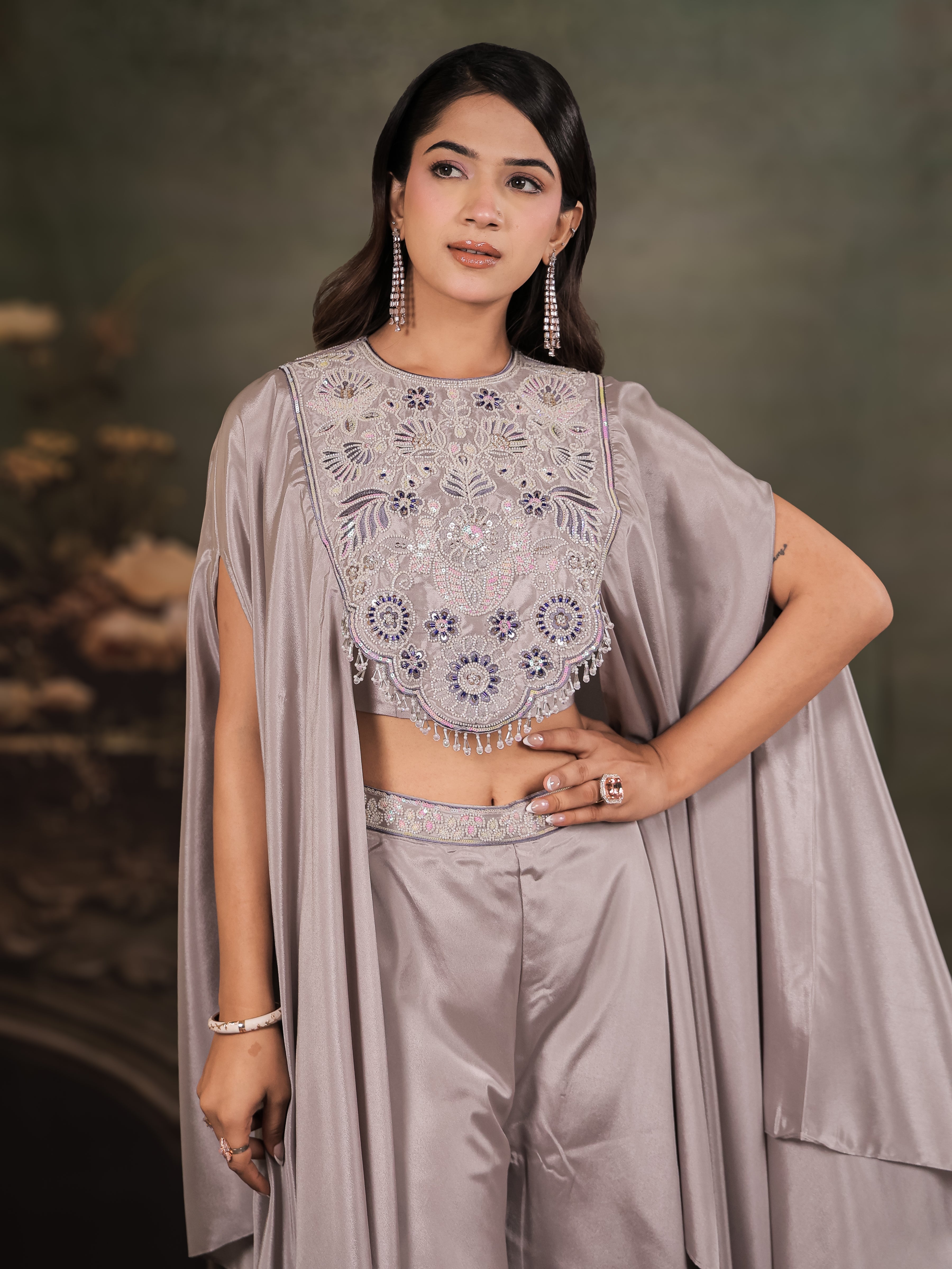 Silver Grey Satin Co-Ord Set with Intricate Embroidered Cape Sleeves & Wide-Leg Palazzo