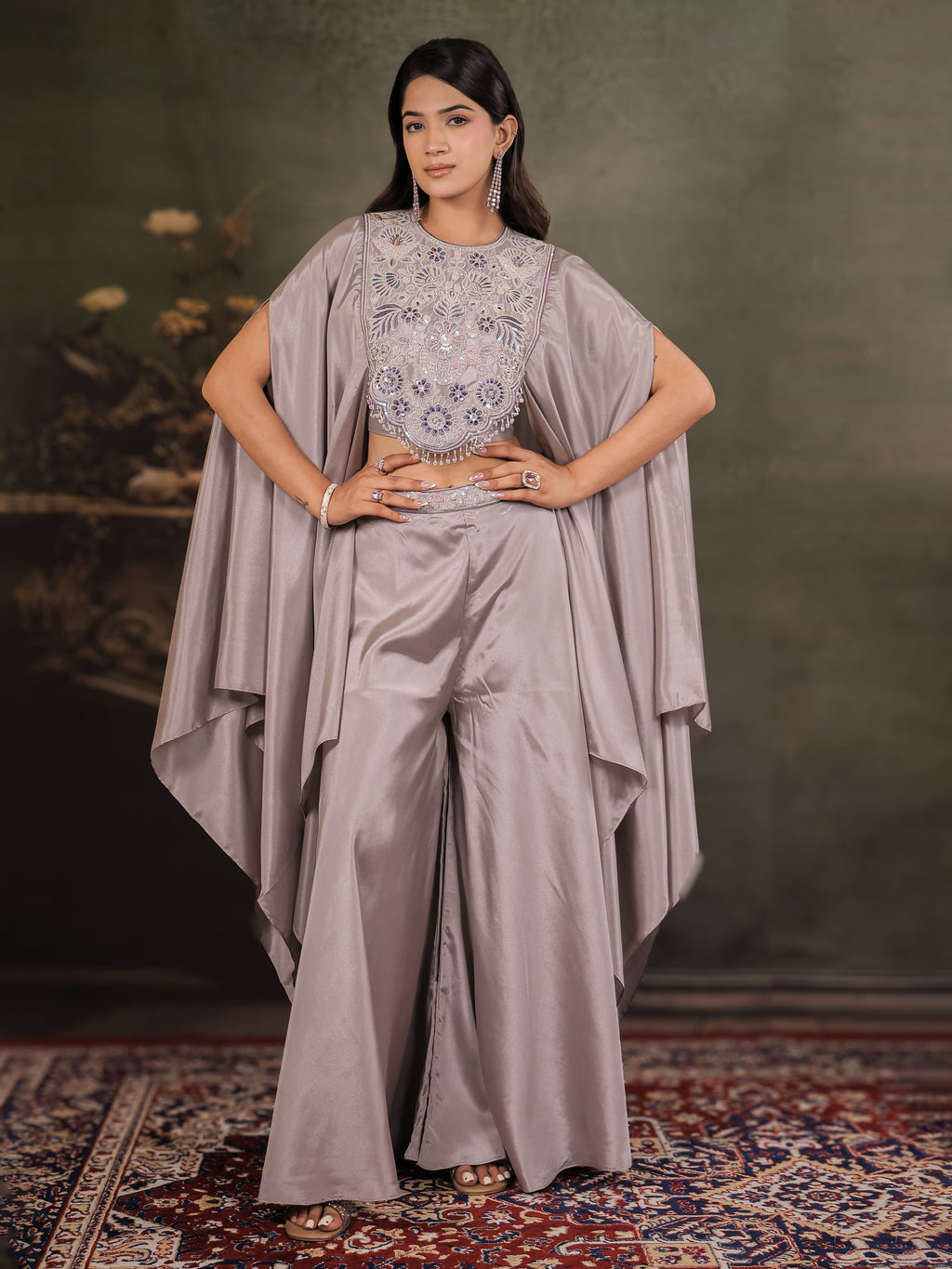 Silver Grey Satin Co-Ord Set with Intricate Embroidered Cape Sleeves & Wide-Leg Palazzo