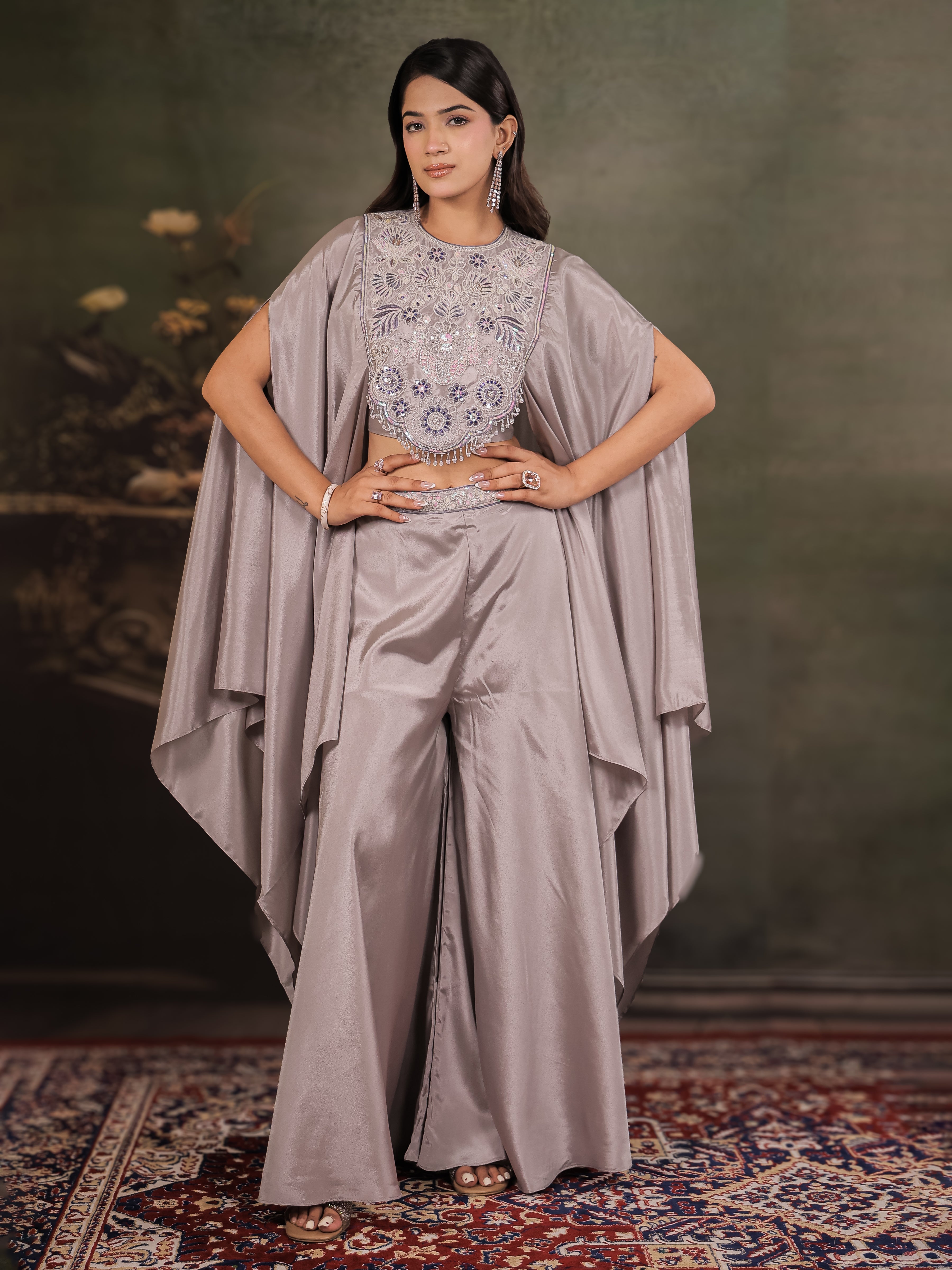 Silver Grey Satin Co-Ord Set with Intricate Embroidered Cape Sleeves & Wide-Leg Palazzo