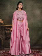 Candy Pink Satin Co-Ord Set with Intricate Embroidered Cape Sleeves & Wide-Leg Palazzo