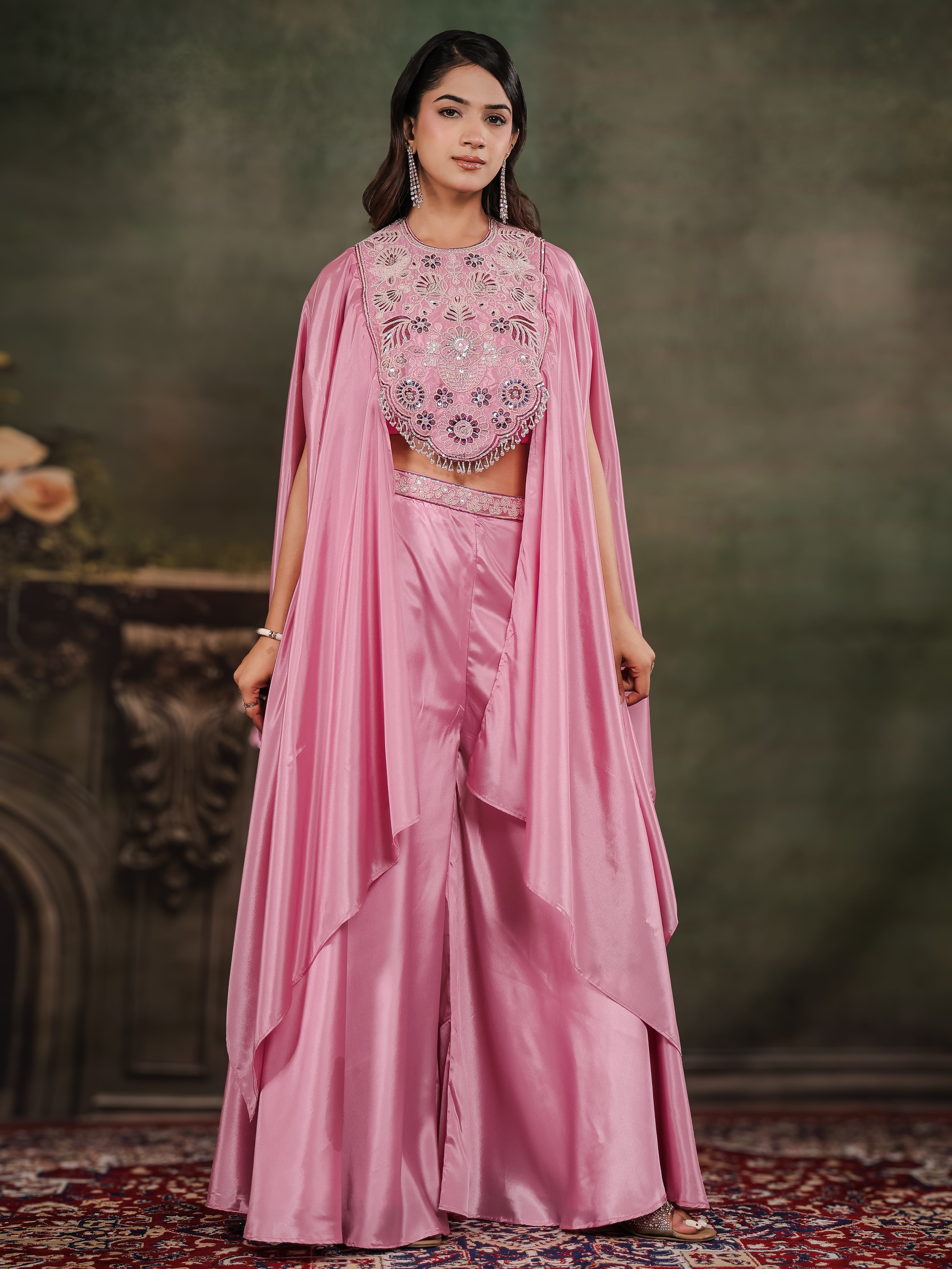Candy Pink Satin Co-Ord Set with Intricate Embroidered Cape Sleeves & Wide-Leg Palazzo
