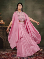 Candy Pink Satin Co-Ord Set with Intricate Embroidered Cape Sleeves & Wide-Leg Palazzo