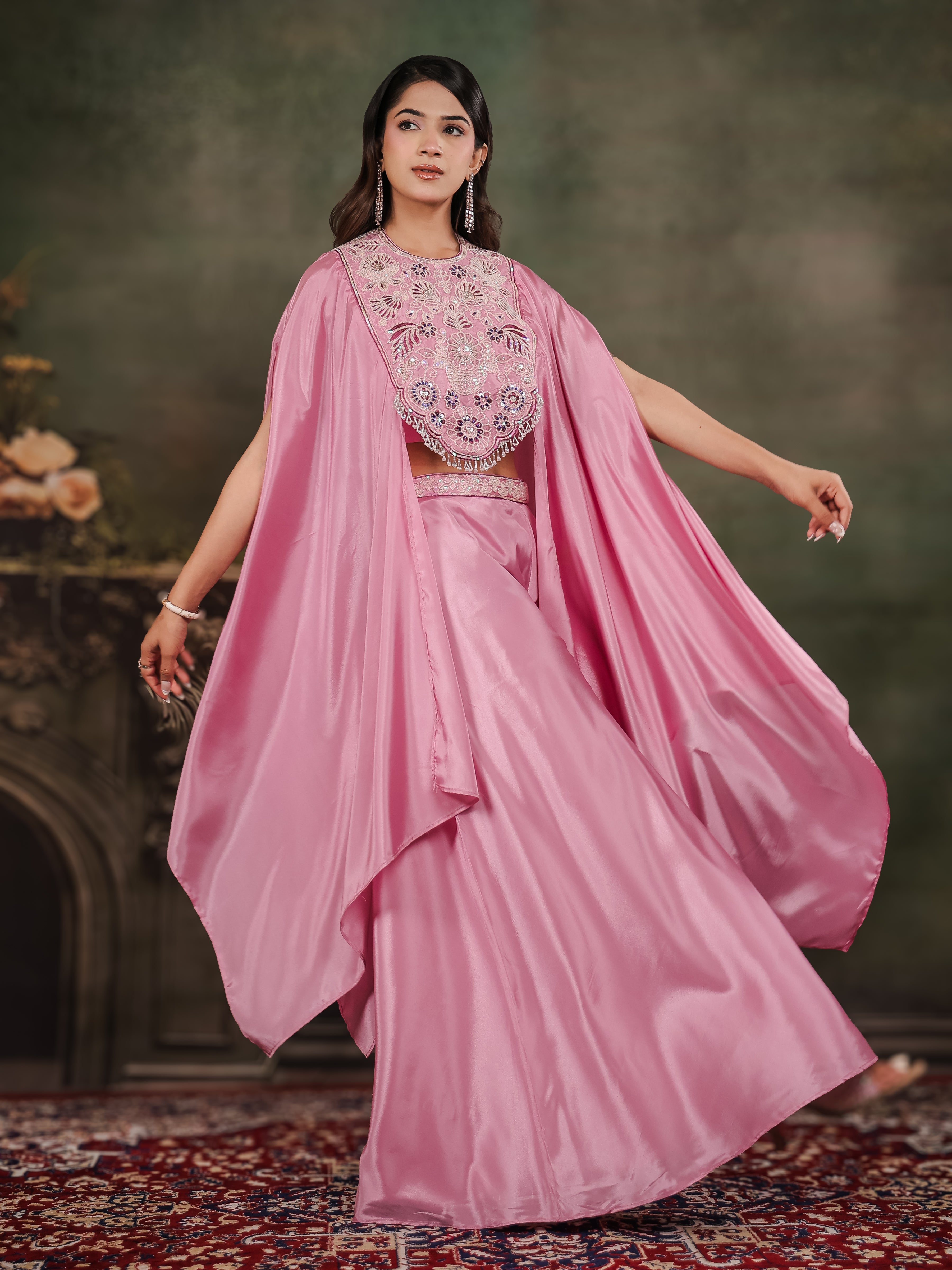 Candy Pink Satin Co-Ord Set with Intricate Embroidered Cape Sleeves & Wide-Leg Palazzo