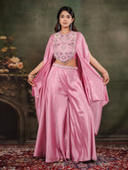 Candy Pink Satin Co-Ord Set with Intricate Embroidered Cape Sleeves & Wide-Leg Palazzo