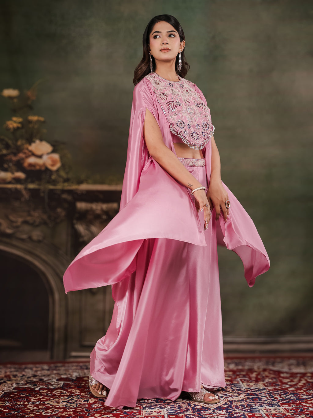 Candy Pink Satin Co-Ord Set with Intricate Embroidered Cape Sleeves & Wide-Leg Palazzo