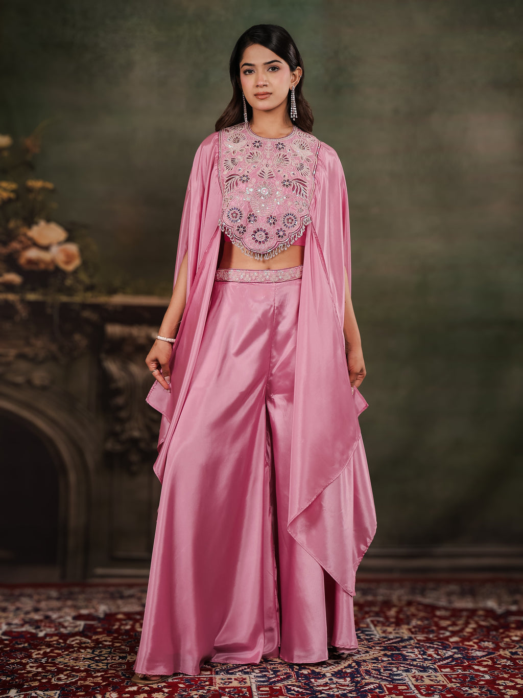 Candy Pink Satin Co-Ord Set with Intricate Embroidered Cape Sleeves & Wide-Leg Palazzo