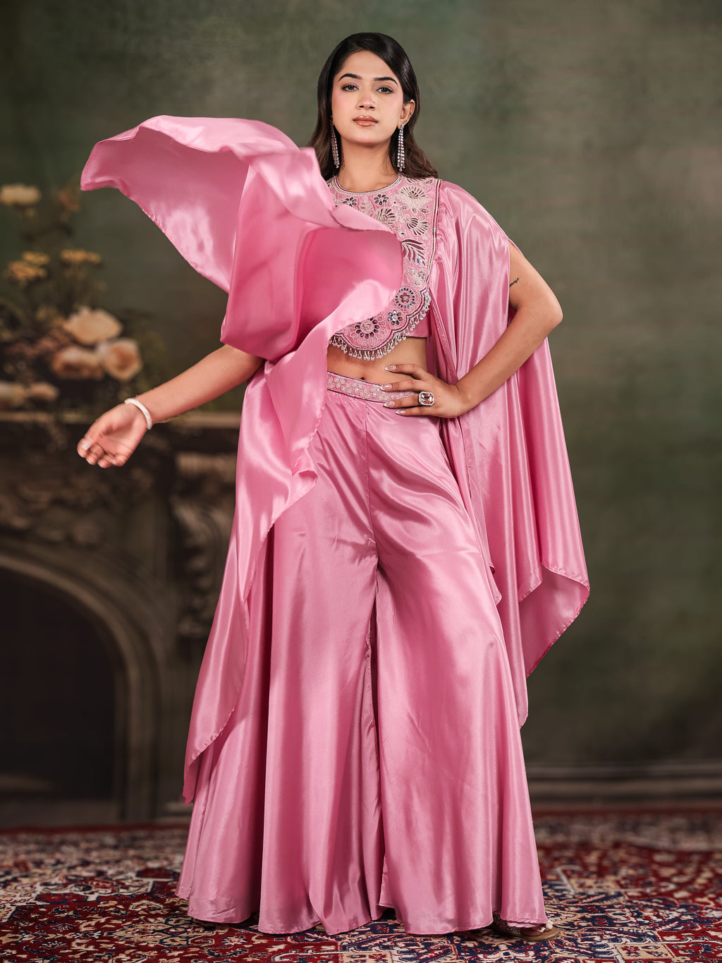 Candy Pink Satin Co-Ord Set with Intricate Embroidered Cape Sleeves & Wide-Leg Palazzo