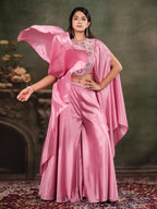Candy Pink Satin Co-Ord Set with Intricate Embroidered Cape Sleeves & Wide-Leg Palazzo