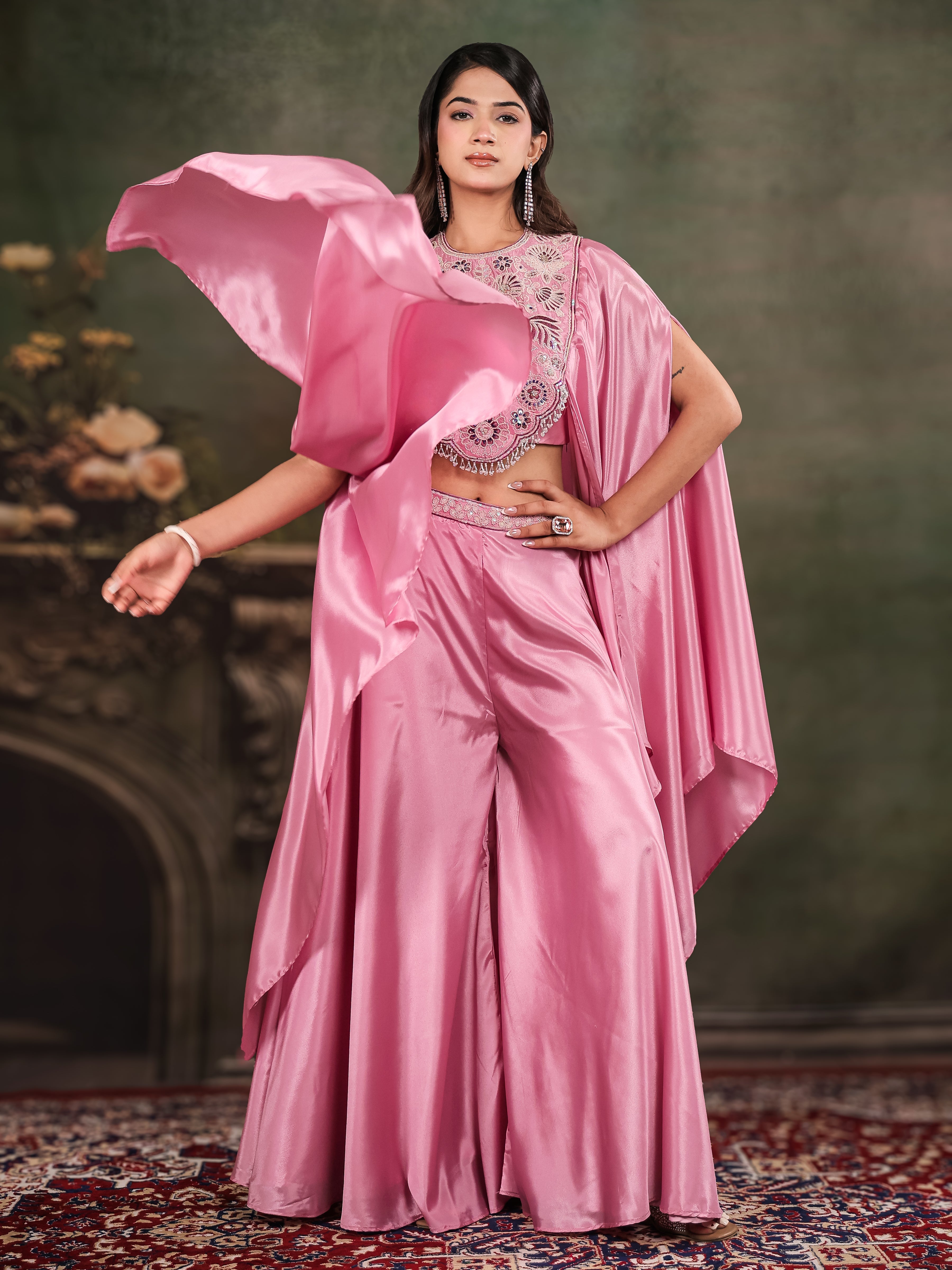 Candy Pink Satin Co-Ord Set with Intricate Embroidered Cape Sleeves & Wide-Leg Palazzo