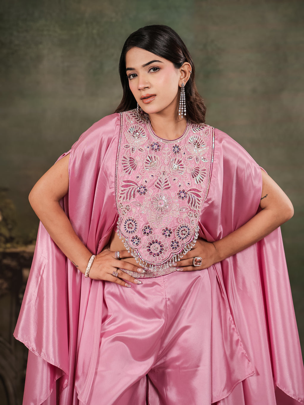 Candy Pink Satin Co-Ord Set with Intricate Embroidered Cape Sleeves & Wide-Leg Palazzo