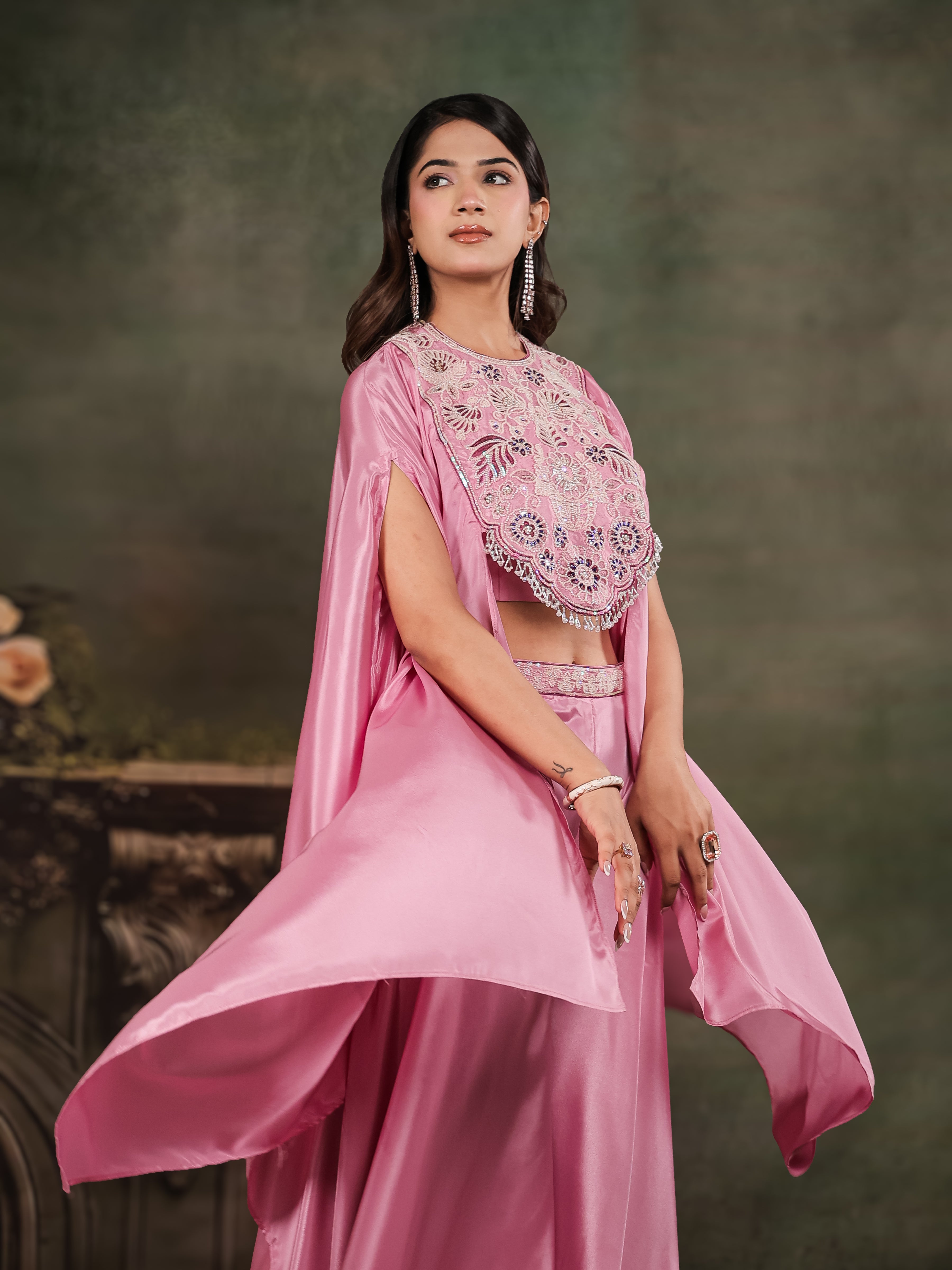Candy Pink Satin Co-Ord Set with Intricate Embroidered Cape Sleeves & Wide-Leg Palazzo