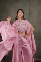 Candy Pink Satin Co-Ord Set with Intricate Embroidered Cape Sleeves & Wide-Leg Palazzo