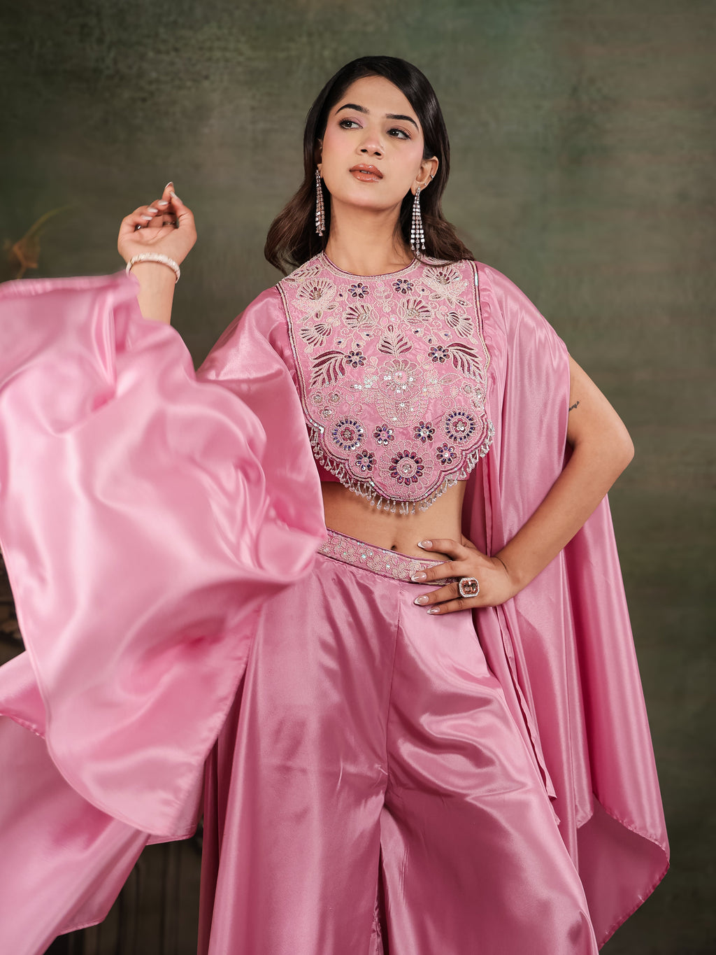 Candy Pink Satin Co-Ord Set with Intricate Embroidered Cape Sleeves & Wide-Leg Palazzo