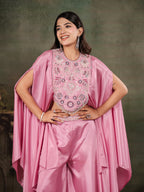 Candy Pink Satin Co-Ord Set with Intricate Embroidered Cape Sleeves & Wide-Leg Palazzo