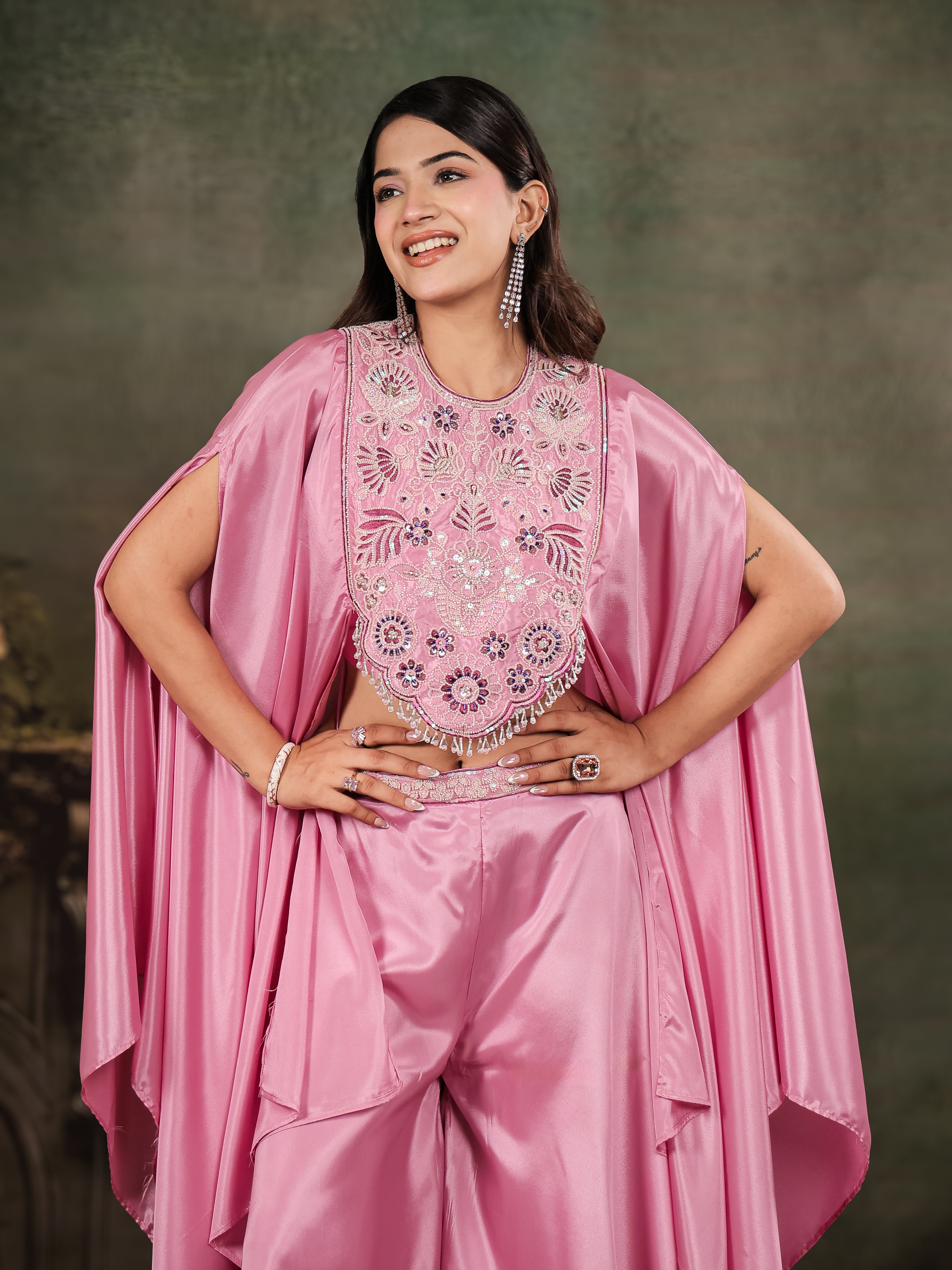 Candy Pink Satin Co-Ord Set with Intricate Embroidered Cape Sleeves & Wide-Leg Palazzo