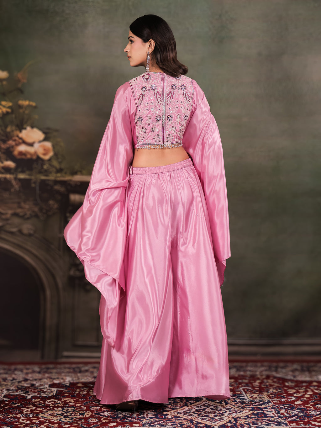 Candy Pink Satin Co-Ord Set with Intricate Embroidered Cape Sleeves & Wide-Leg Palazzo