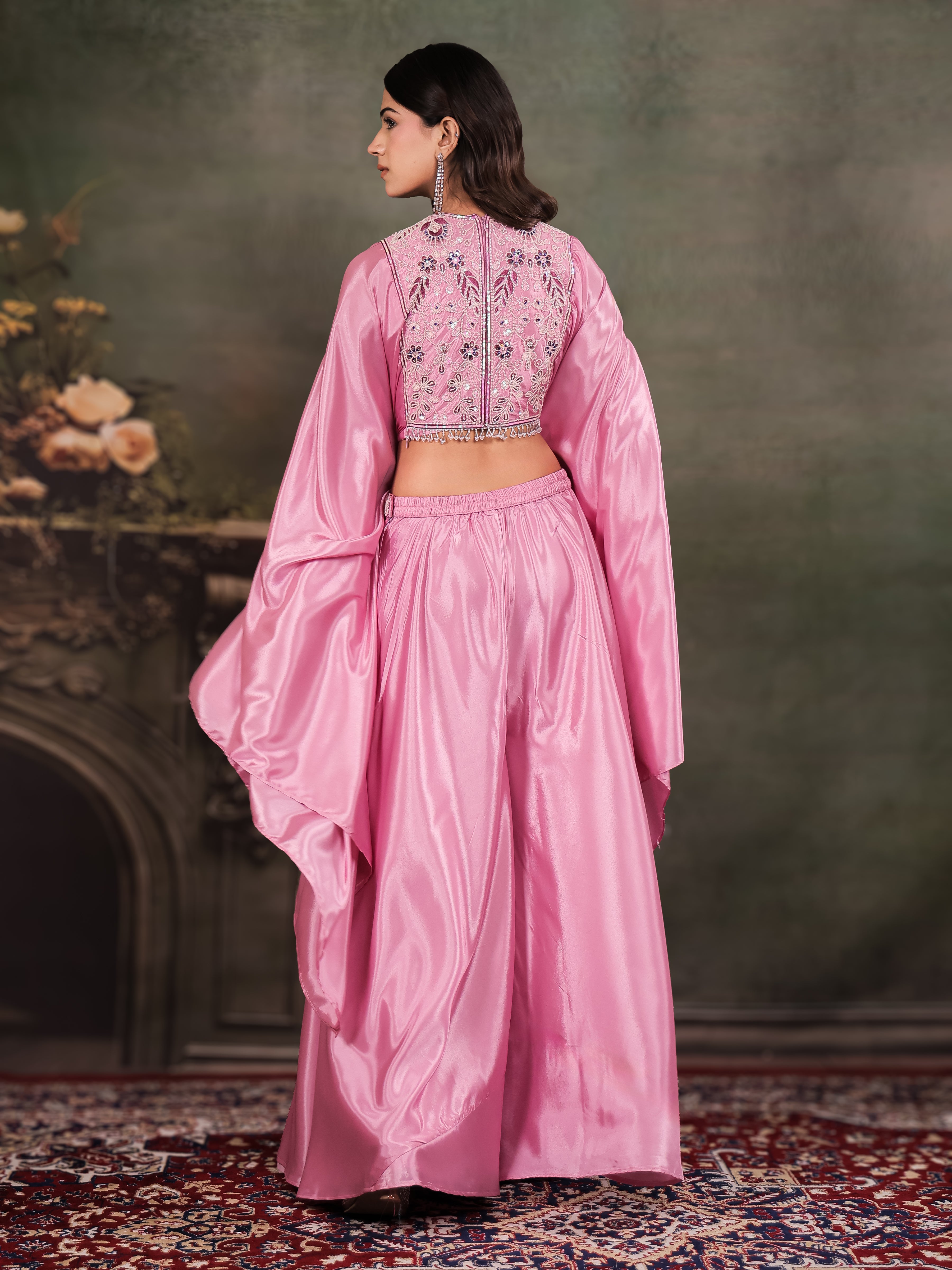 Candy Pink Satin Co-Ord Set with Intricate Embroidered Cape Sleeves & Wide-Leg Palazzo