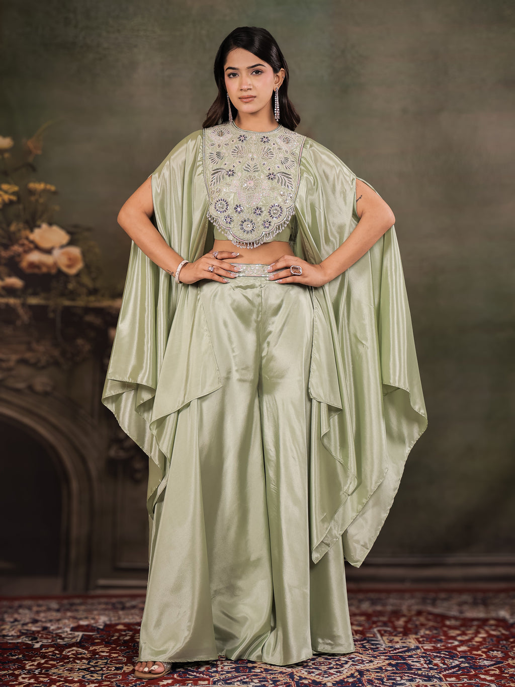 Sage Green Satin Co-Ord Set with Intricate Embroidered Cape Sleeves & Wide-Leg Palazzo