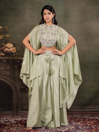 Sage Green Satin Co-Ord Set with Intricate Embroidered Cape Sleeves & Wide-Leg Palazzo