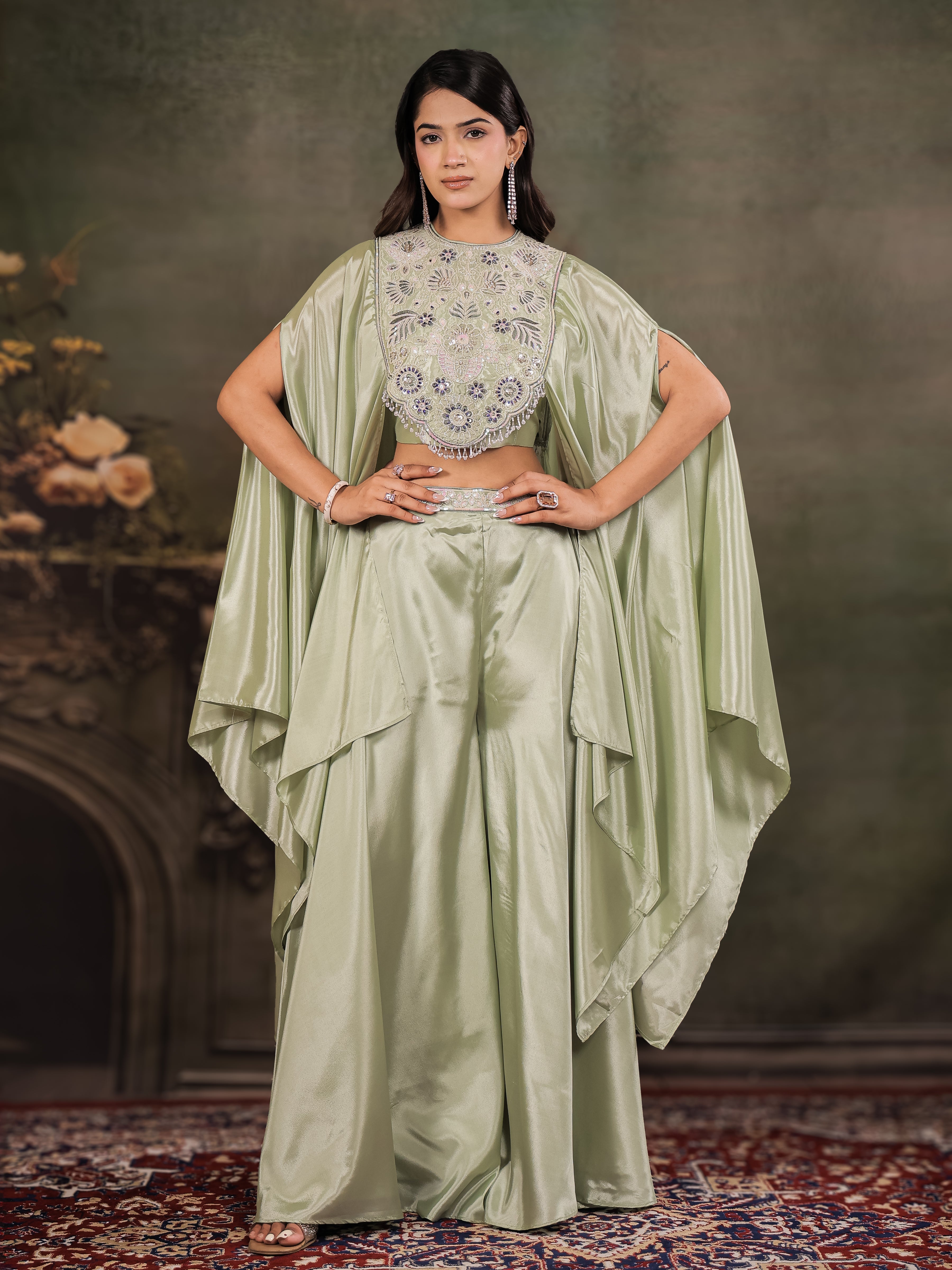 Sage Green Satin Co-Ord Set with Intricate Embroidered Cape Sleeves & Wide-Leg Palazzo