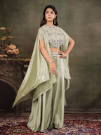 Sage Green Satin Co-Ord Set with Intricate Embroidered Cape Sleeves & Wide-Leg Palazzo