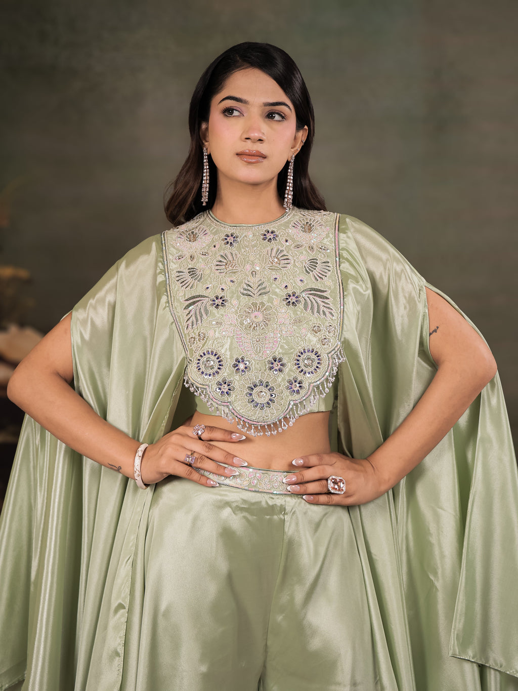 Sage Green Satin Co-Ord Set with Intricate Embroidered Cape Sleeves & Wide-Leg Palazzo