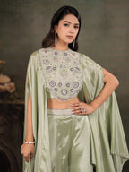 Sage Green Satin Co-Ord Set with Intricate Embroidered Cape Sleeves & Wide-Leg Palazzo