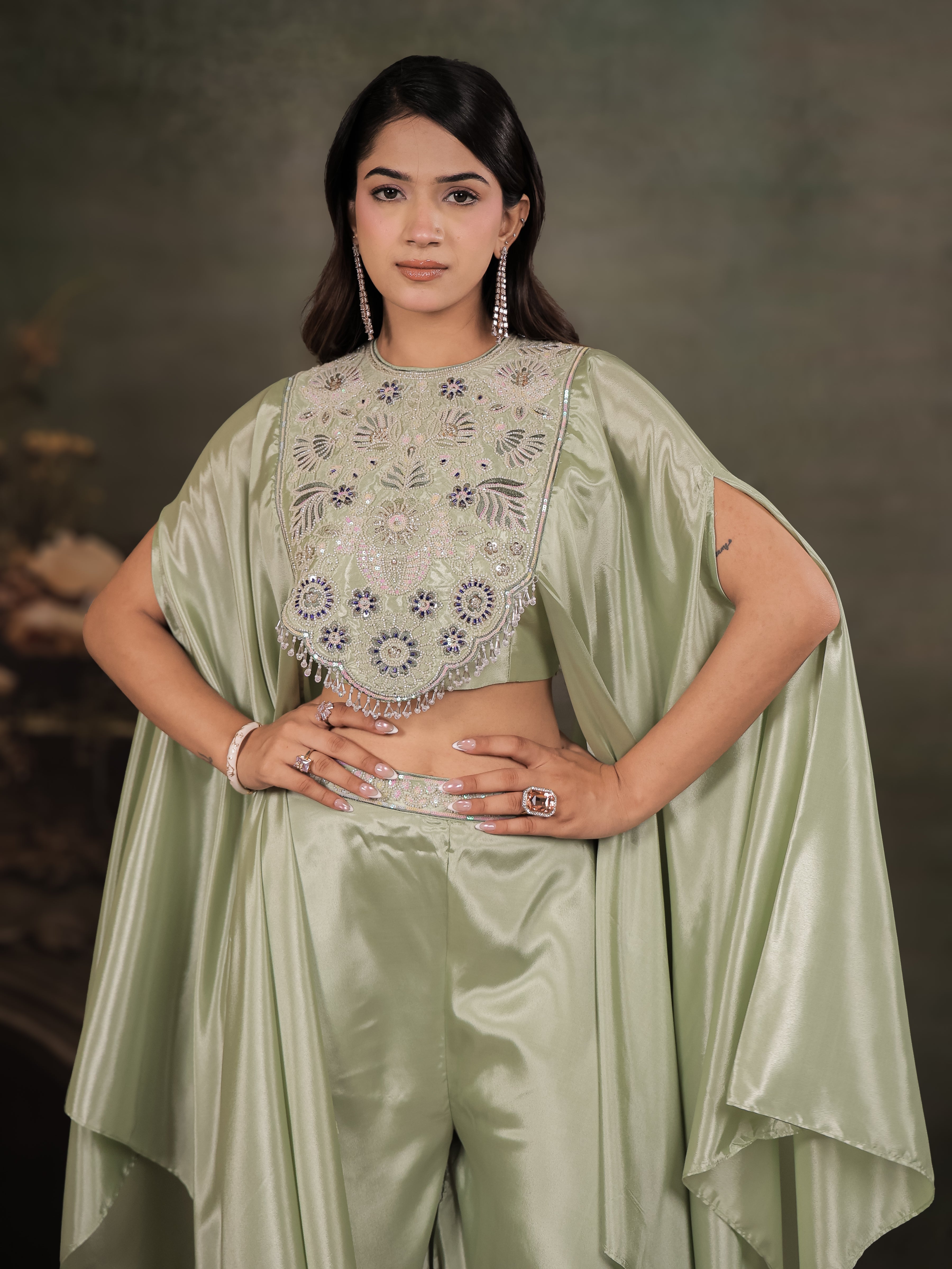 Sage Green Satin Co-Ord Set with Intricate Embroidered Cape Sleeves & Wide-Leg Palazzo