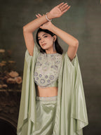 Sage Green Satin Co-Ord Set with Intricate Embroidered Cape Sleeves & Wide-Leg Palazzo