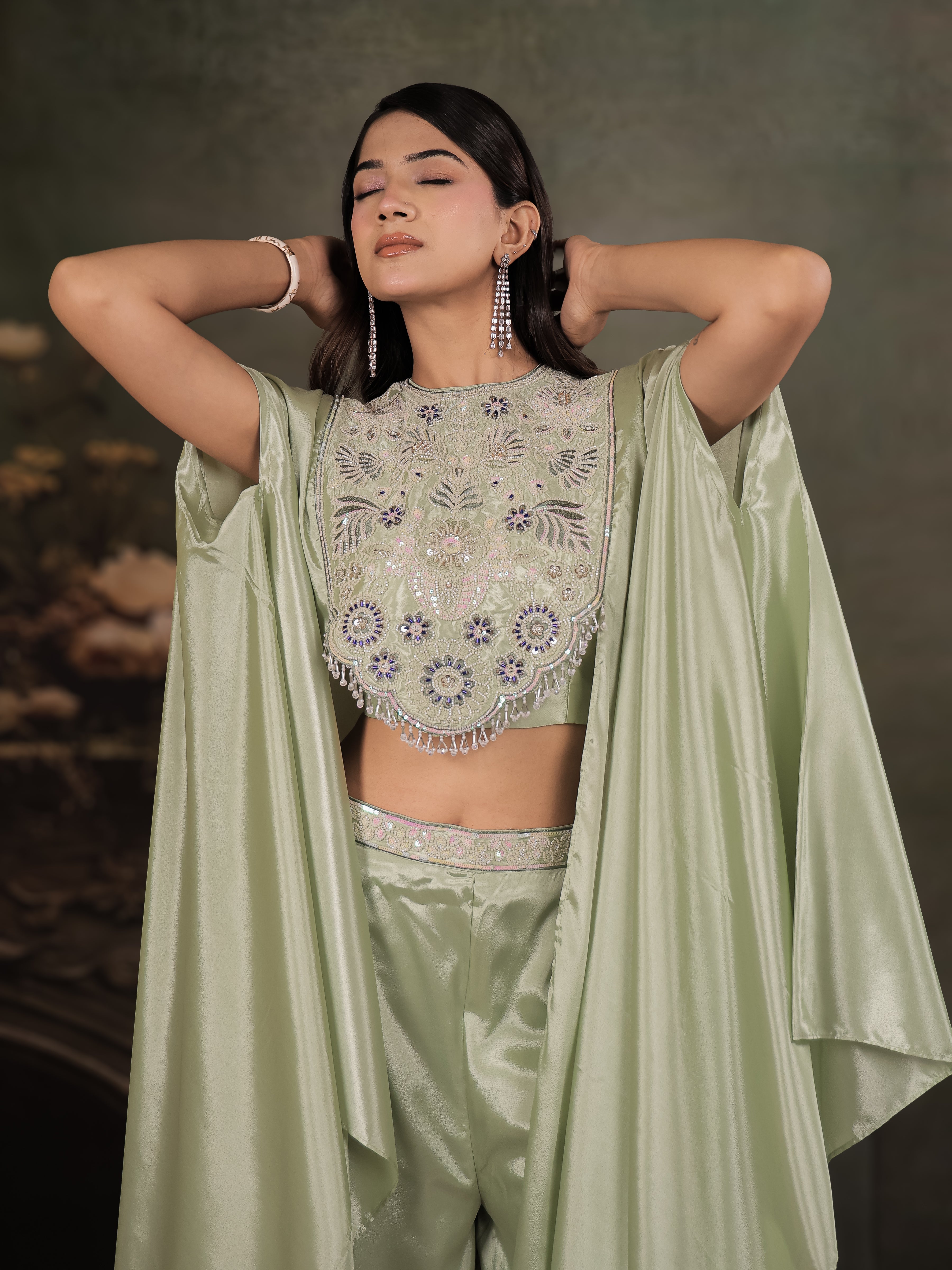 Sage Green Satin Co-Ord Set with Intricate Embroidered Cape Sleeves & Wide-Leg Palazzo