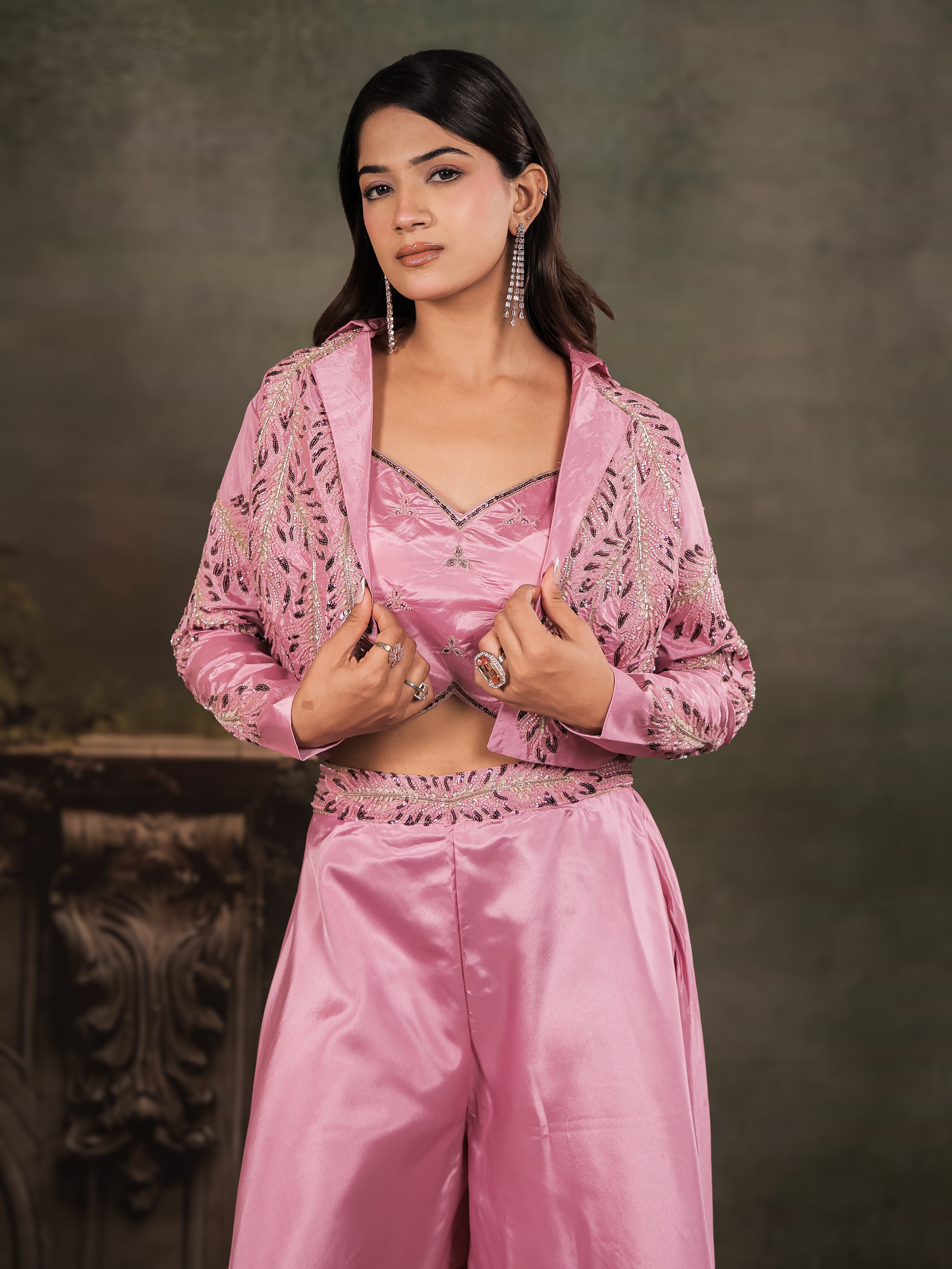 Rose Pink Satin Co-Ord Set with Embroidered Crop Top, Designer Jacket & Wide-Leg Palazzo