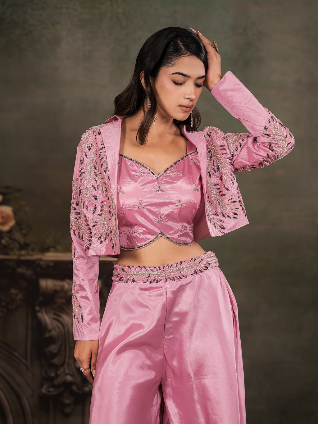 Rose Pink Satin Co-Ord Set with Embroidered Crop Top, Designer Jacket & Wide-Leg Palazzo