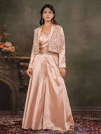 Champagne Beige Satin Co-Ord Set with Embroidered Crop Top, Designer Jacket & Wide-Leg Palazzo
