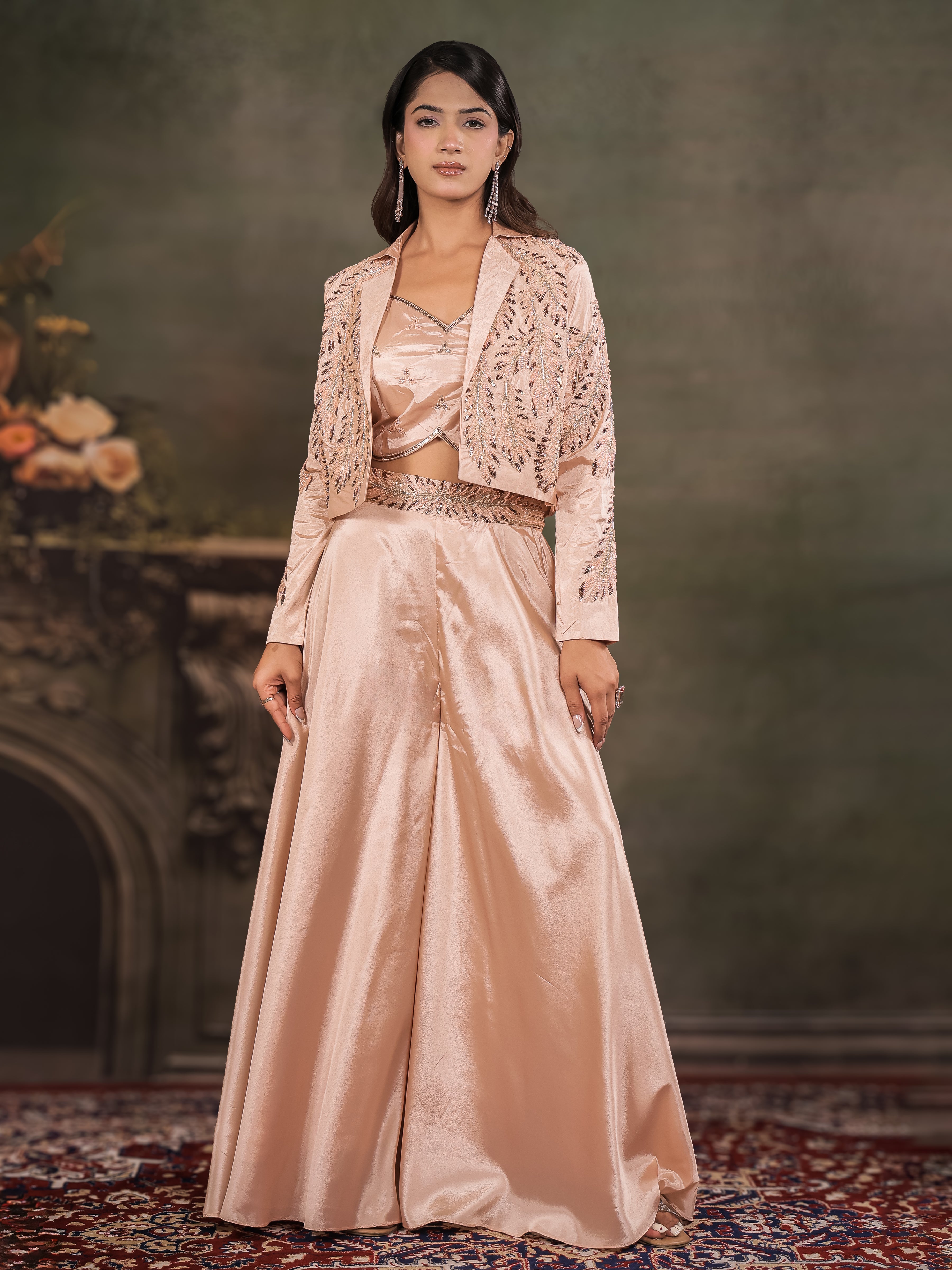 Champagne Beige Satin Co-Ord Set with Embroidered Crop Top, Designer Jacket & Wide-Leg Palazzo